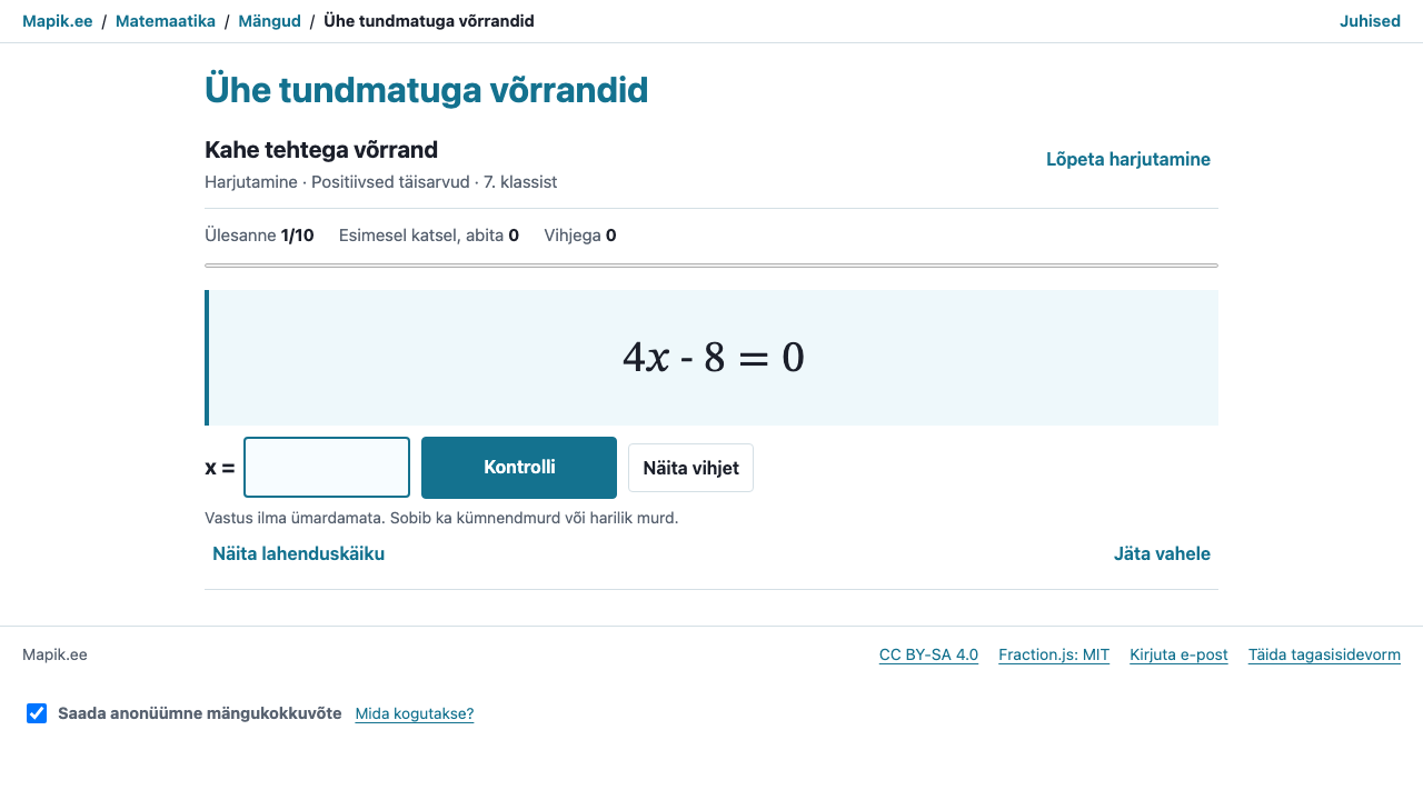„Ühe tundmatuga võrrandid“ vaade