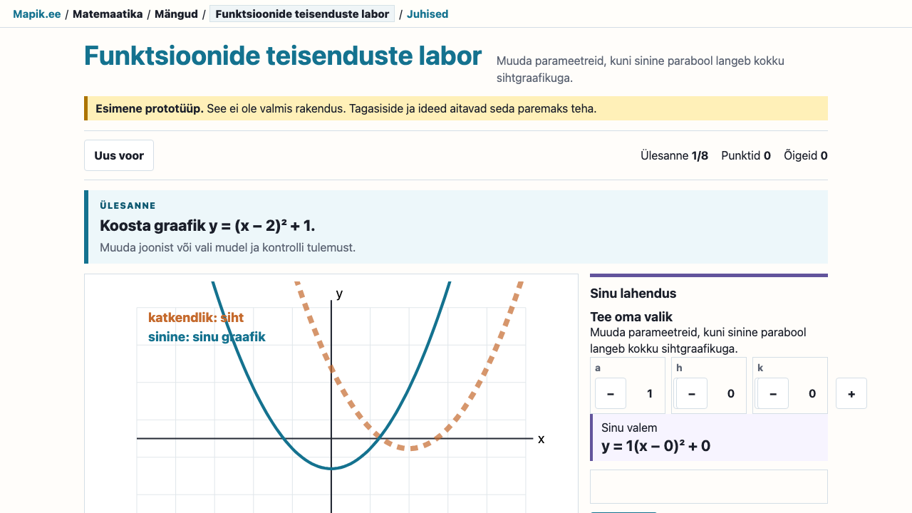 „Funktsioonide teisenduste labor“ vaade
