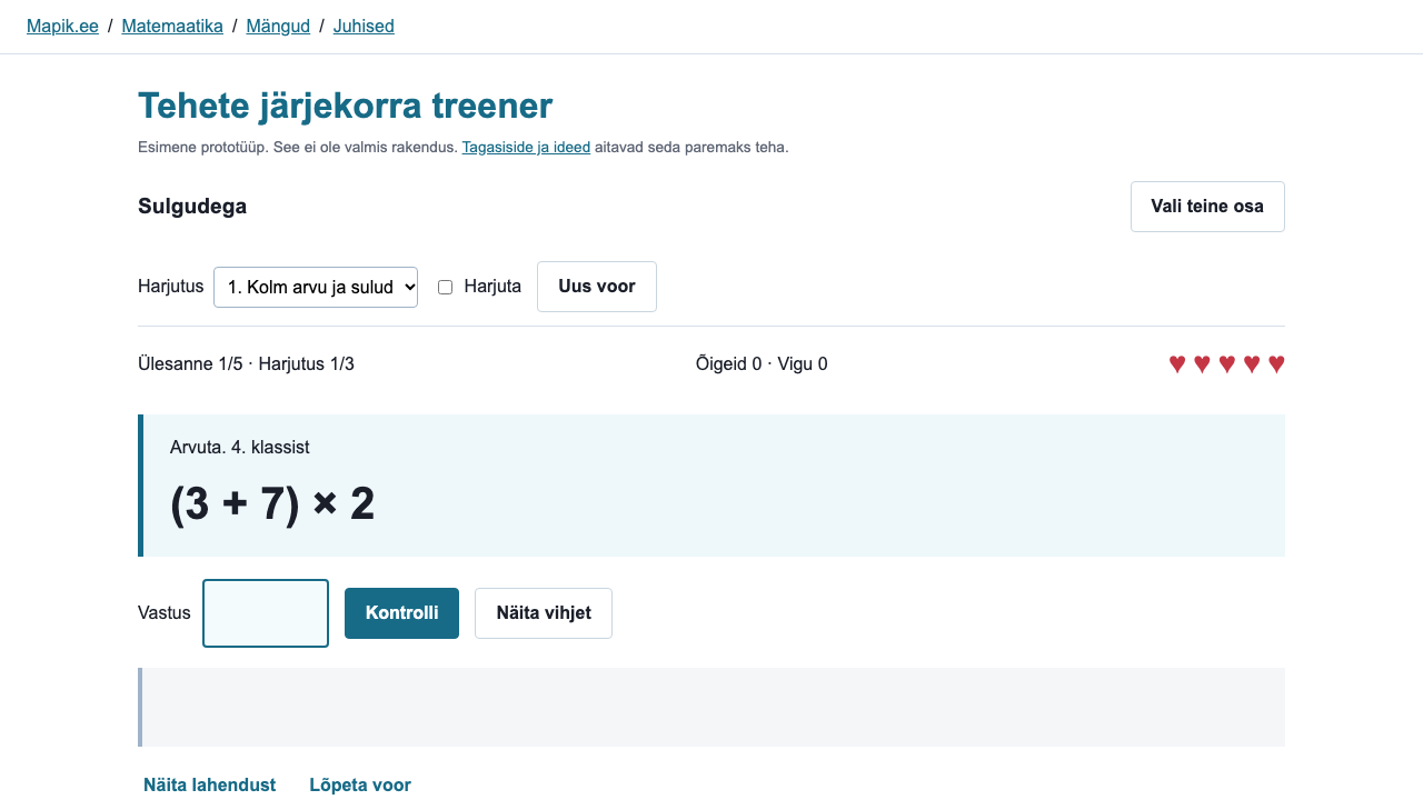 „Tehete järjekorra treener“ vaade