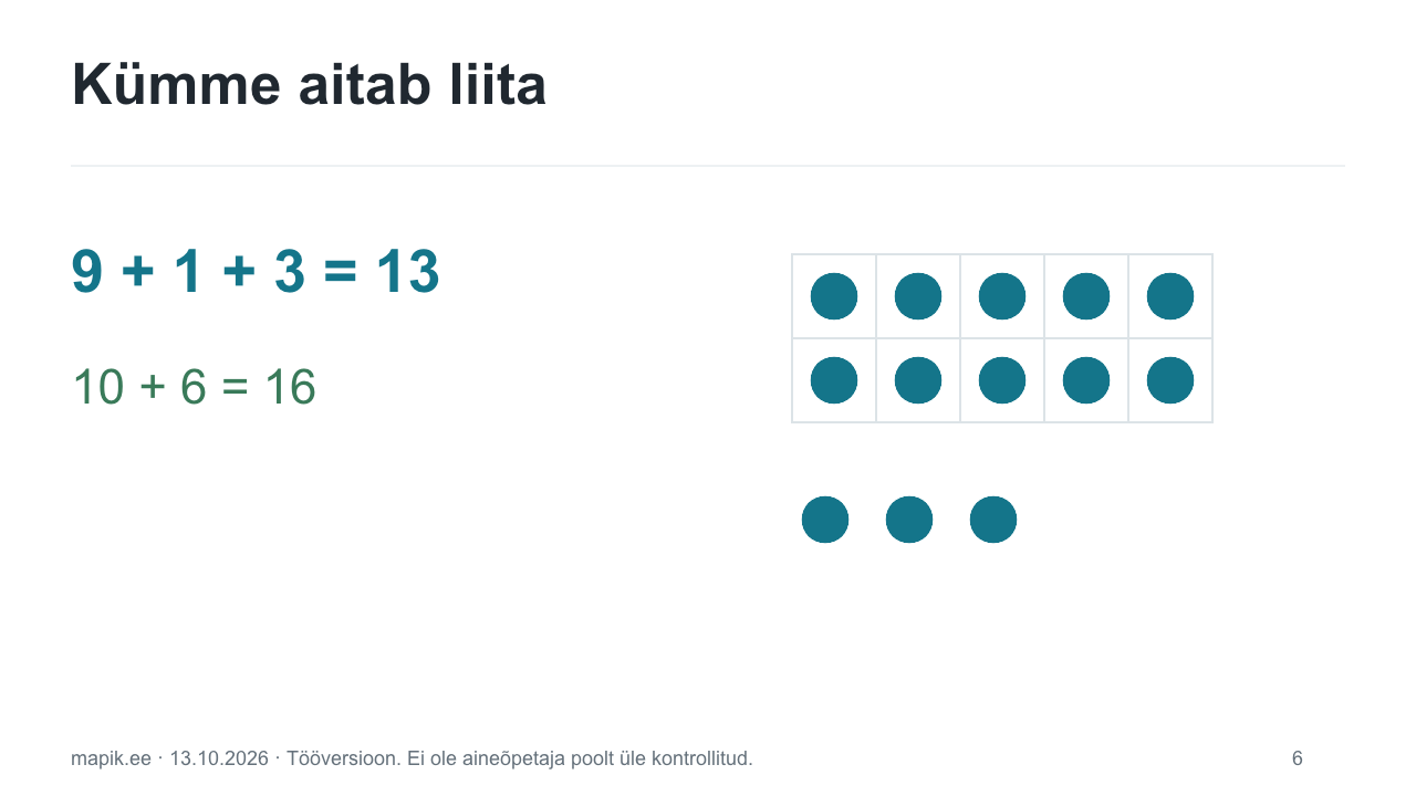 Kümme aitab liita. 9 + 1 + 3 = 13 10 + 6 = 16