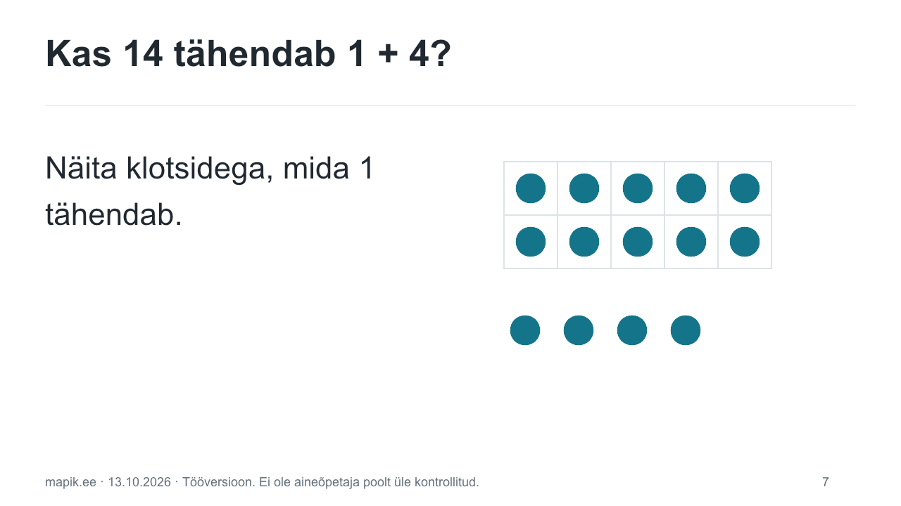 Kas 14 tähendab 1 + 4?. Näita klotsidega, mida 1 tähendab.