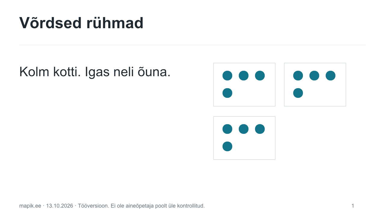 Võrdsed rühmad. Kolm kotti. Igas neli õuna.