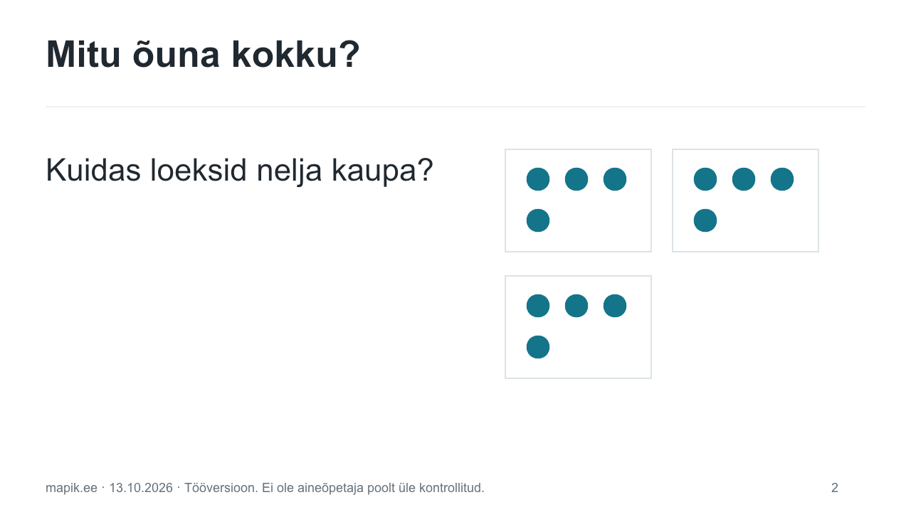 Võrdsete rühmade lühitunni küsimus ja õunte rühmad