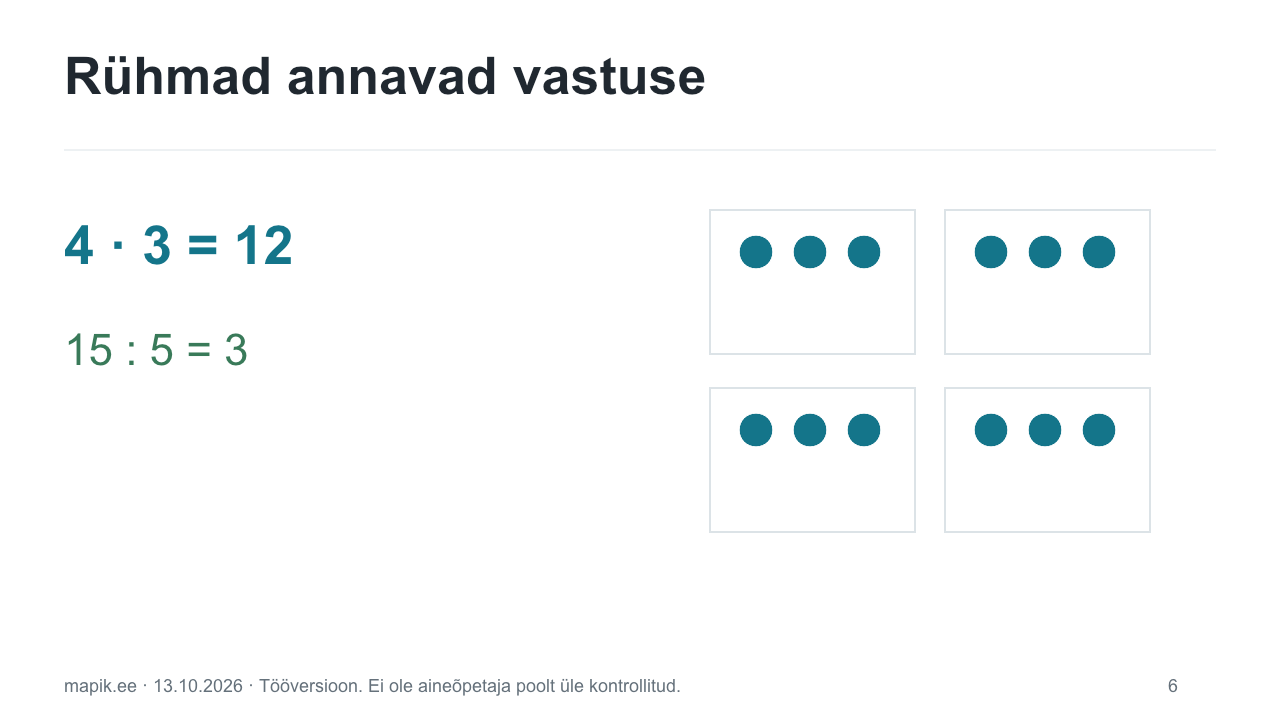 Rühmad annavad vastuse. 4 · 3 = 12 15 : 5 = 3