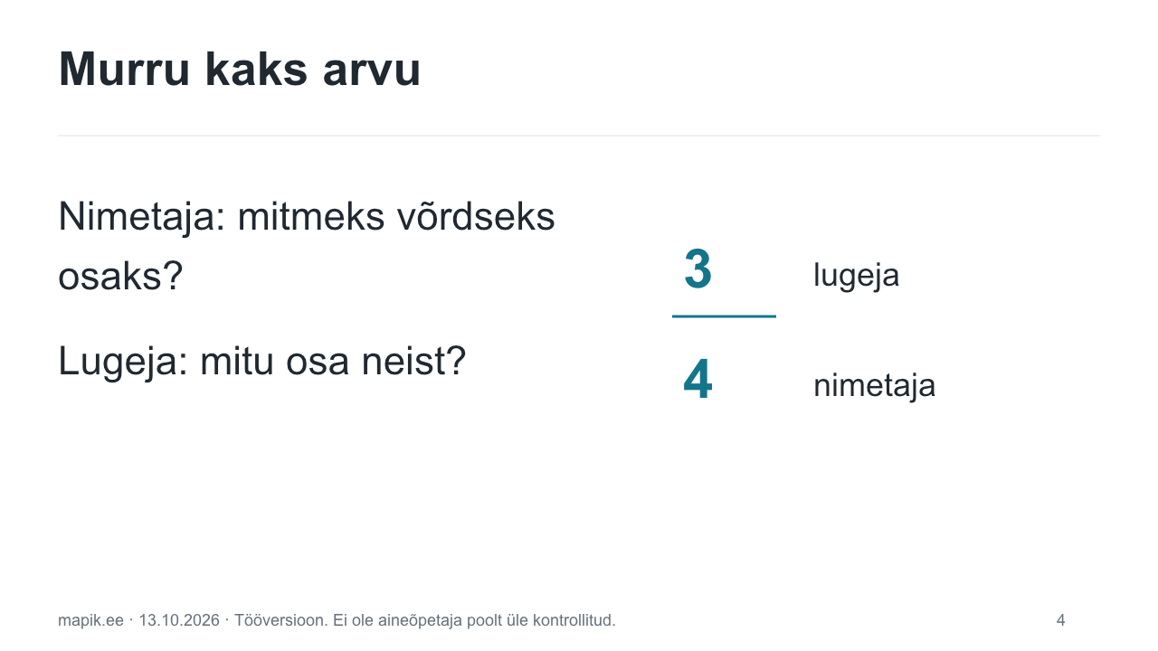 Murru kaks arvu. Nimetaja: mitmeks võrdseks osaks? Lugeja: mitu osa neist?