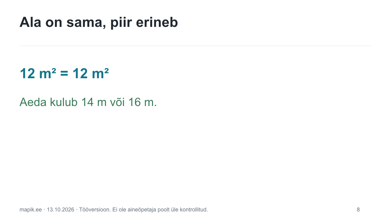 Ala on sama, piir erineb. 12 m² = 12 m² Aeda kulub 14 m või 16 m.
