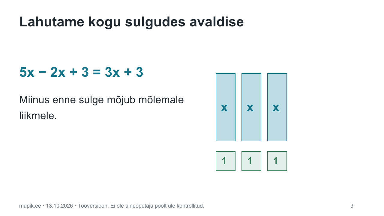 Lahutame kogu sulgudes avaldise. 5x − 2x + 3 = 3x + 3 Miinus enne sulge mõjub mõlemale liikmele.