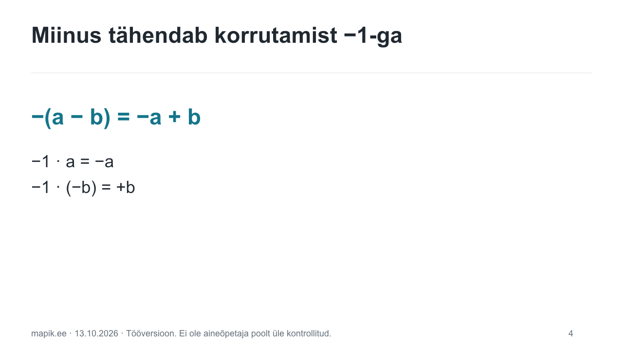 Miinus tähendab korrutamist −1-ga. −(a − b) = −a + b −1 · a = −a      −1 · (−b) = +b