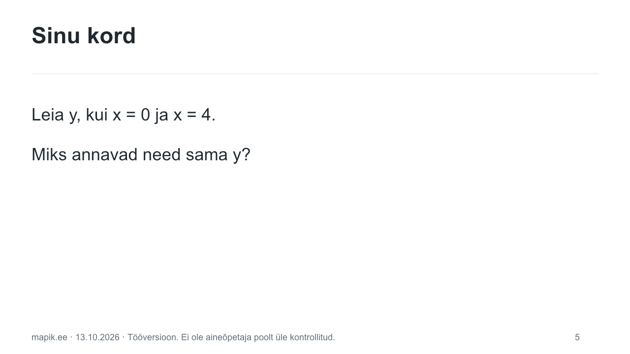 Sinu kord. Leia y, kui x = 0 ja x = 4. Miks annavad need sama y?