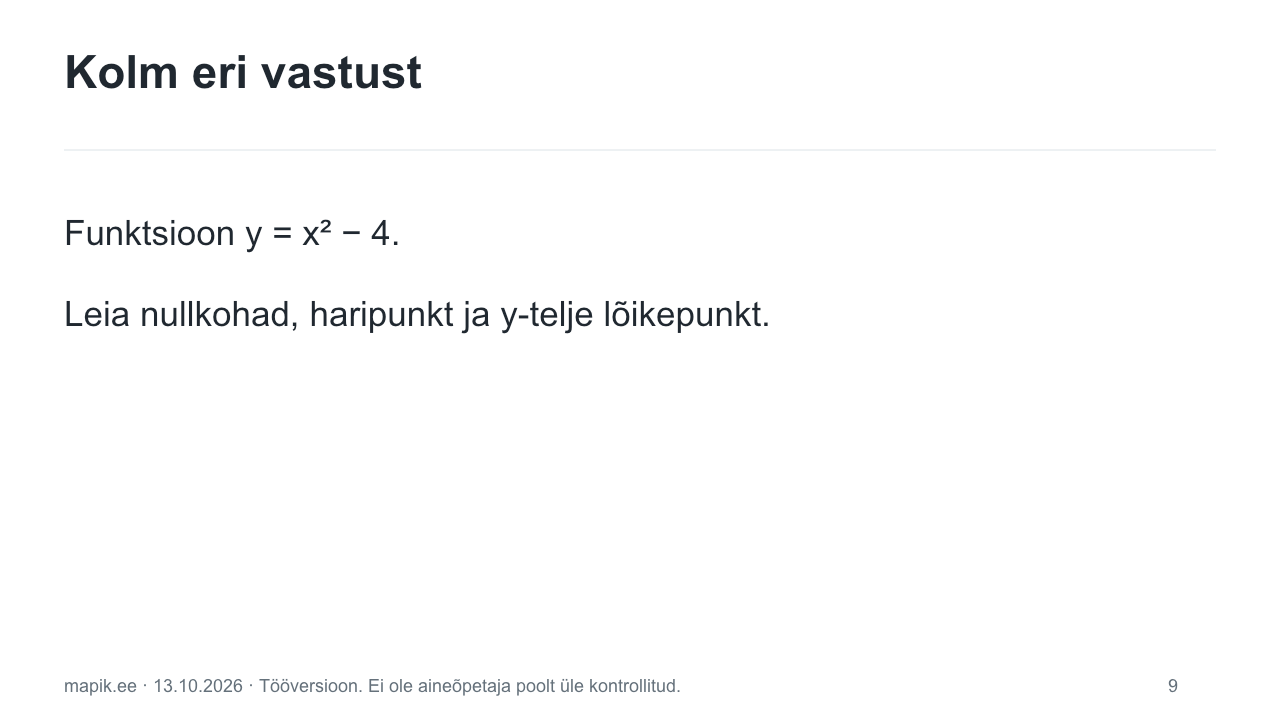 Kolm eri vastust. Funktsioon y = x² − 4. Leia nullkohad, haripunkt ja y-telje lõikepunkt.